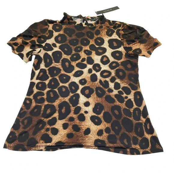 NWT Atelier29 Short Sleeve Polyester Blend High Ruffle Neck Cheetah Print Keyhol - Picture 1 of 8